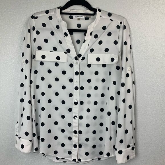 Calvin Klein White Polka Dot Blouse S - Picture 1 of 6